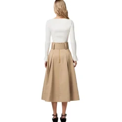 Elisabetta Franchi - Midi Skirt with Darts and Belt - Beige - Skirt - Made in Italy - Luxury Exclusive Collection - Avvenice