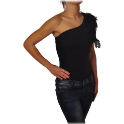 Elisabetta Franchi - One-shoulder Body with Applications - Black - Top - Made in Italy - Luxury Exclusive Collection - Avvenice