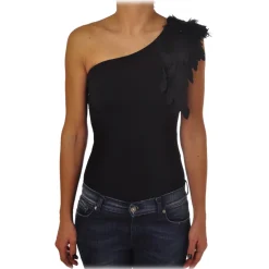 Elisabetta Franchi - One-shoulder Body with Applications - Black - Top - Made in Italy - Luxury Exclusive Collection - Avvenice