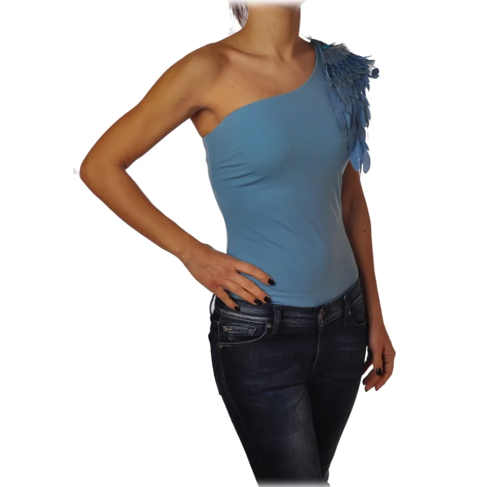 Elisabetta Franchi - One-shoulder Body with Applications - Sugar Paper - Top - Made in Italy - Luxury Exclusive Collection - Avvenice