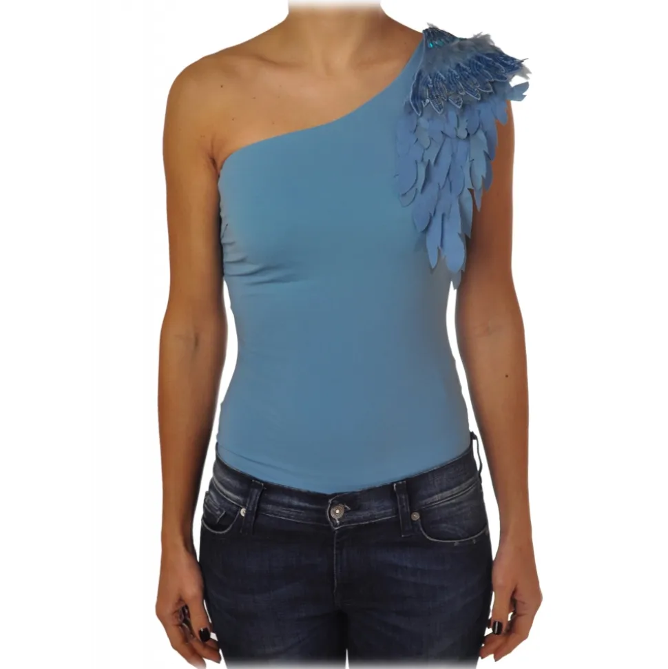 Elisabetta Franchi - One-shoulder Body with Applications - Sugar Paper - Top - Made in Italy - Luxury Exclusive Collection - Avvenice