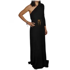 Elisabetta Franchi - One-Shoulder Long Dress with Long Sleeve - Black - Dress - Made in Italy - Luxury Exclusive Collection - Avvenice