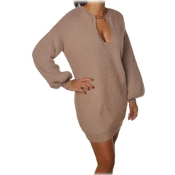 Elisabetta Franchi - Oversized Knit Dress with Gold Detail - Beige - Dress - Made in Italy - Luxury Exclusive Collection - Avvenice