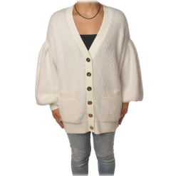 Elisabetta Franchi - Oversized Cardigan with Gold Buttons - Ivory - Pullover - Made in Italy - Luxury Exclusive Collection - Avvenice