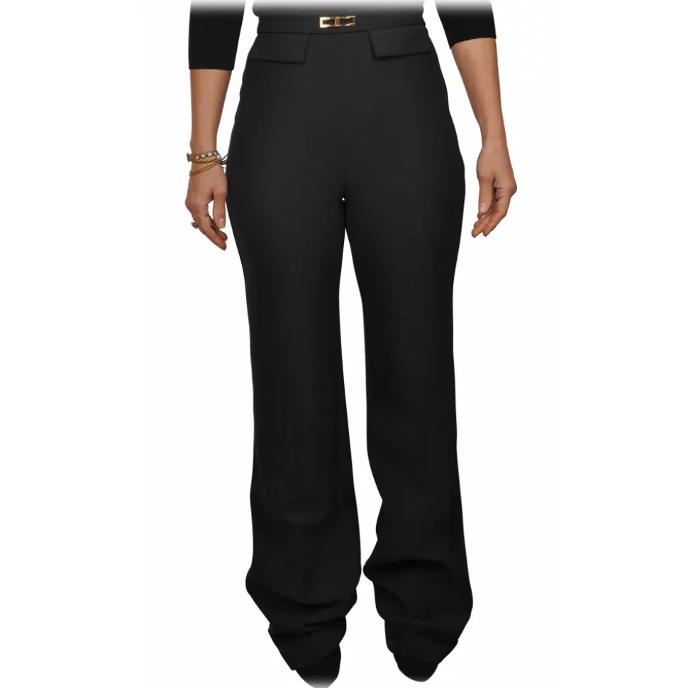 Elisabetta Franchi - Palazzo Pants with Gold Detail - Black - Trousers - Made in Italy - Luxury Exclusive Collection - Avvenice
