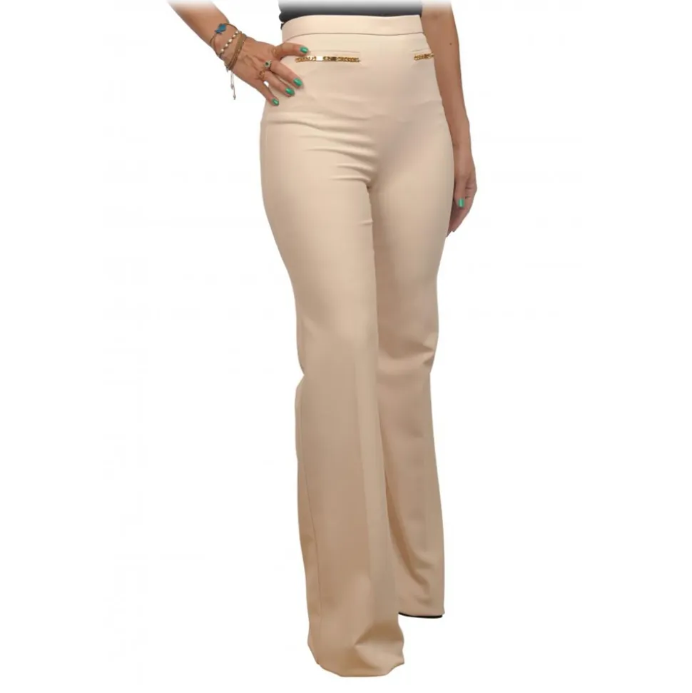 Elisabetta Franchi - Palazzo Pants in Technical Fabric - Cream - Trousers - Made in Italy - Luxury Exclusive Collection - Avvenice