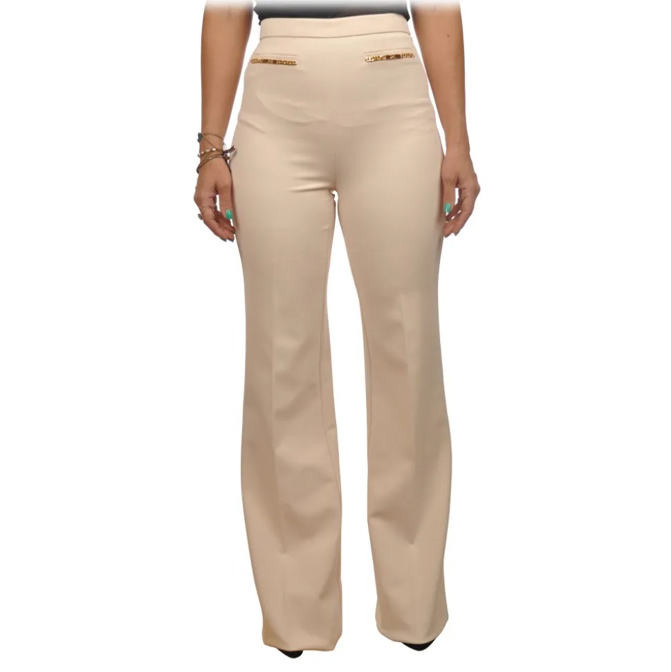 Elisabetta Franchi - Palazzo Pants in Technical Fabric - Cream - Trousers - Made in Italy - Luxury Exclusive Collection - Avvenice