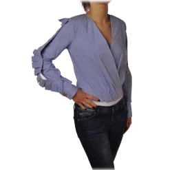 Elisabetta Franchi - Pinstripe Shirt Cross Neckline - White/LightBlue - Top - Made in Italy - Luxury Exclusive Collection - Avvenice