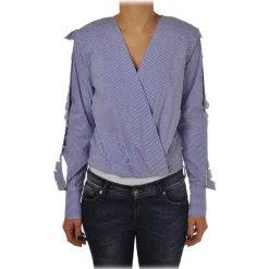 Elisabetta Franchi - Pinstripe Shirt Cross Neckline - White/LightBlue - Top - Made in Italy - Luxury Exclusive Collection - Avvenice