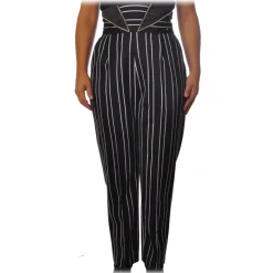 Elisabetta Franchi - Pinstriped Trousers with High Strap - Black - Trousers - Made in Italy - Luxury Exclusive Collection - Avvenice