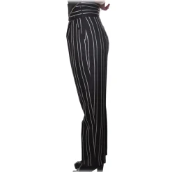 Elisabetta Franchi - Pinstriped Trousers with High Strap - Black - Trousers - Made in Italy - Luxury Exclusive Collection - Avvenice