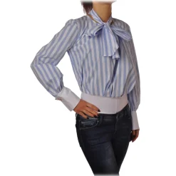 Elisabetta Franchi - Shirt in Pinstripe Pattern - White/LightBlue - Top - Made in Italy - Luxury Exclusive Collection - Avvenice