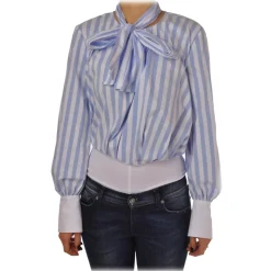 Elisabetta Franchi - Shirt in Pinstripe Pattern - White/LightBlue - Top - Made in Italy - Luxury Exclusive Collection - Avvenice