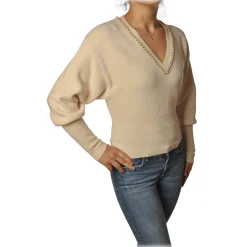 Elisabetta Franchi - Short Long Sleeve Sweater - Butter - Sweater - Made in Italy - Luxury Exclusive Collection - Avvenice