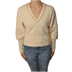 Elisabetta Franchi - Short Long Sleeve Sweater - Butter - Sweater - Made in Italy - Luxury Exclusive Collection - Avvenice