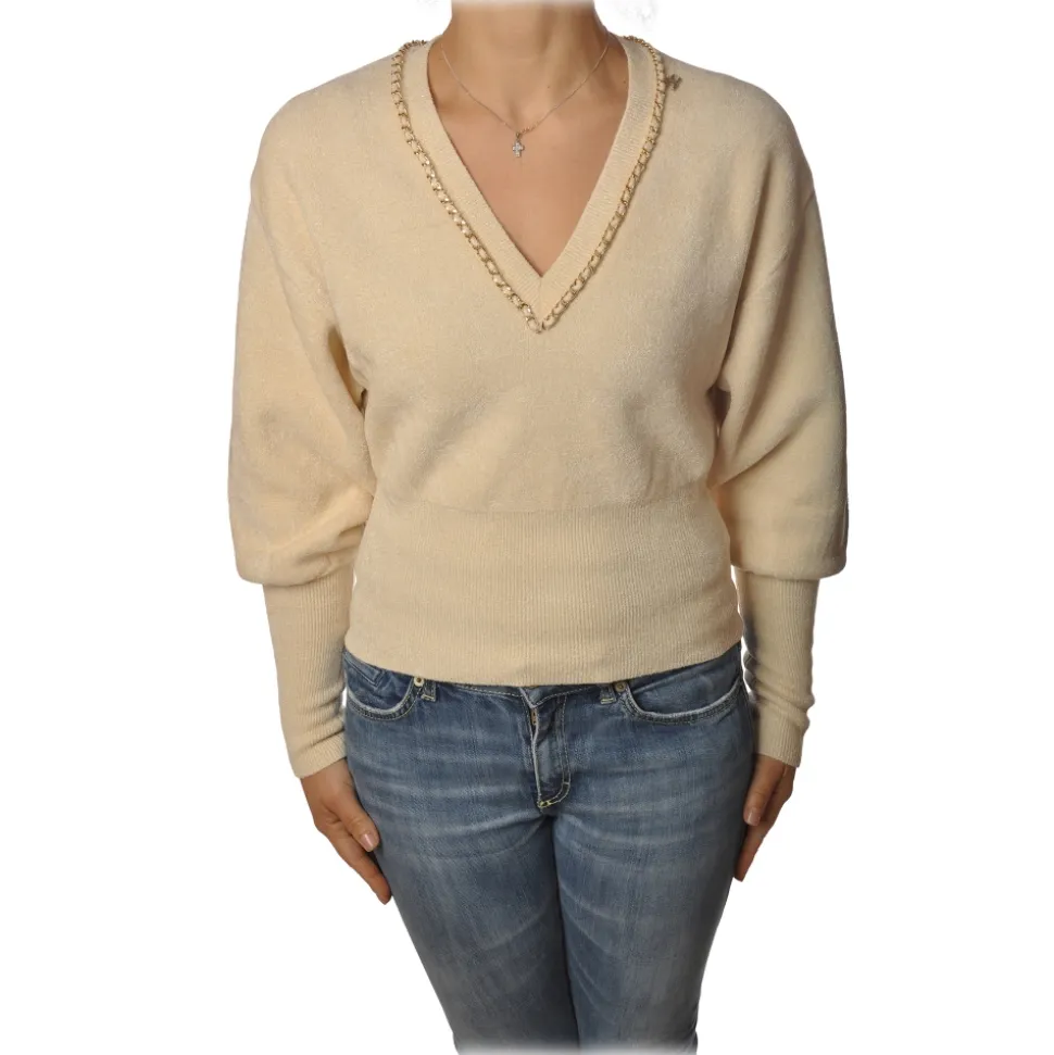 Elisabetta Franchi - Short Long Sleeve Sweater - Butter - Sweater - Made in Italy - Luxury Exclusive Collection - Avvenice