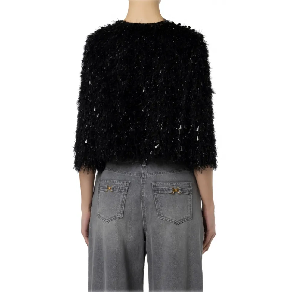 Elisabetta Franchi - Short Jacket with Fringes and Sequins - Black - Jacket - Made in Italy - Luxury Exclusive Collection - Avvenice