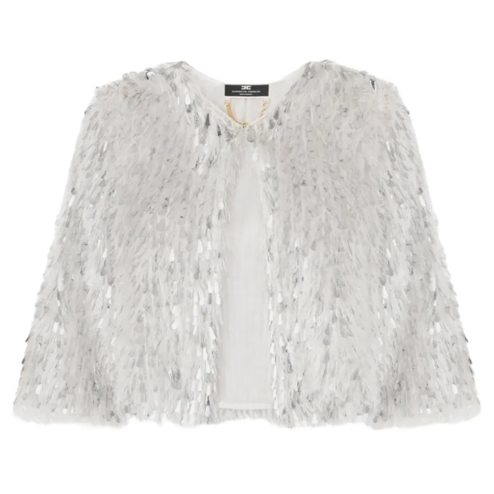 Elisabetta Franchi - Short Jacket with Fringes and Sequins - Silver - Jacket - Made in Italy - Luxury Exclusive Collection - Avvenice