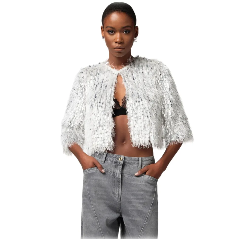 Elisabetta Franchi - Short Jacket with Fringes and Sequins - Silver - Jacket - Made in Italy - Luxury Exclusive Collection - Avvenice