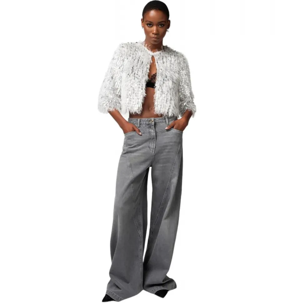 Elisabetta Franchi - Short Jacket with Fringes and Sequins - Silver - Jacket - Made in Italy - Luxury Exclusive Collection - Avvenice