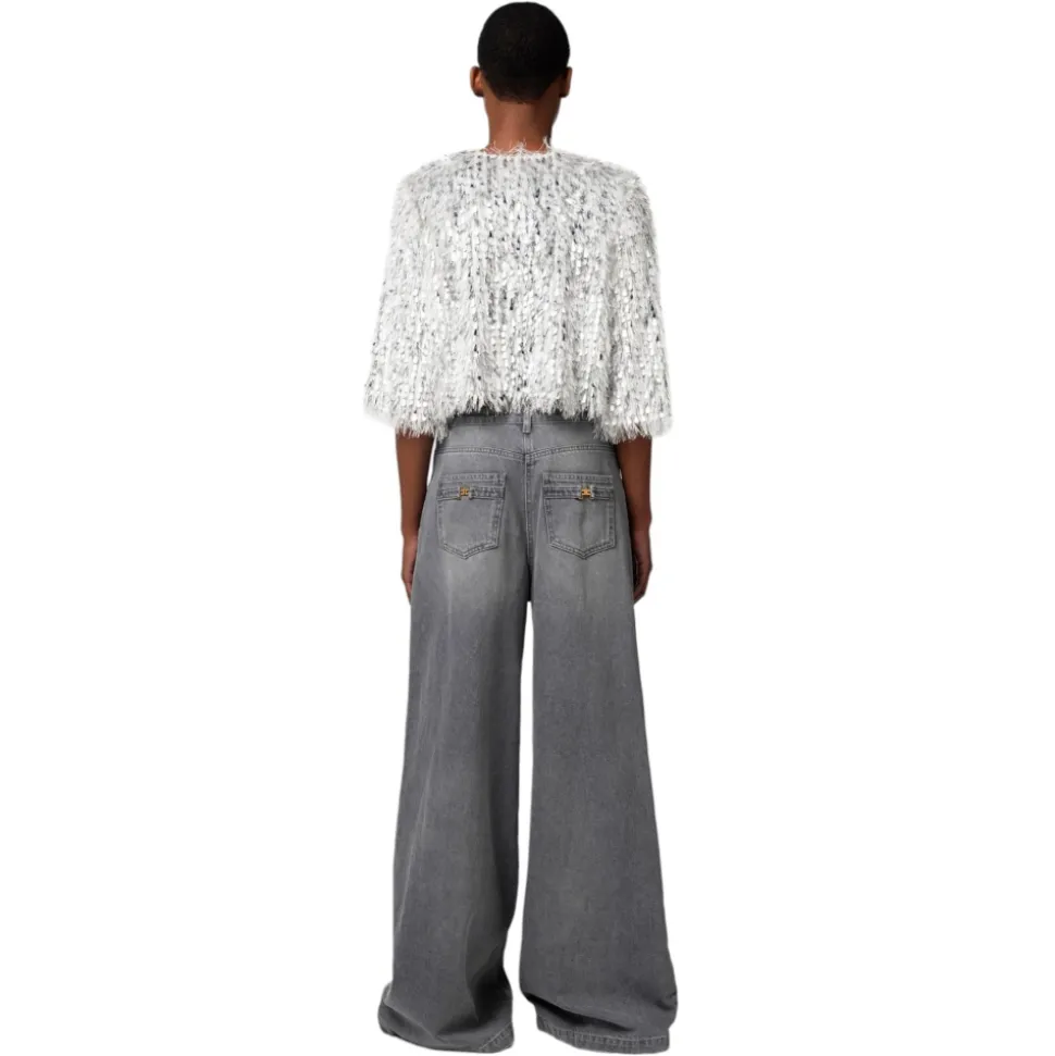 Elisabetta Franchi - Short Jacket with Fringes and Sequins - Silver - Jacket - Made in Italy - Luxury Exclusive Collection - Avvenice