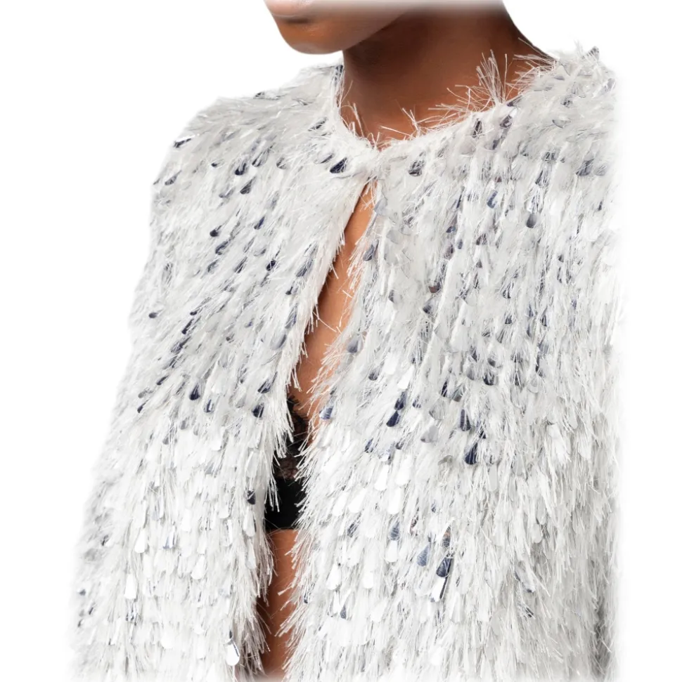 Elisabetta Franchi - Short Jacket with Fringes and Sequins - Silver - Jacket - Made in Italy - Luxury Exclusive Collection - Avvenice