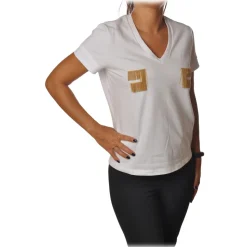 Elisabetta Franchi - Short Sleeve Round Neck T-Shirt Logo - White - T-Shirt - Made in Italy - Luxury Exclusive Collection - Avvenice