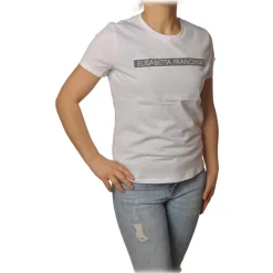 Elisabetta Franchi - Short Sleeve Round Neck T-Shirt Logo - Plaster - T-Shirt - Made in Italy - Luxury Exclusive Collection - Avvenice