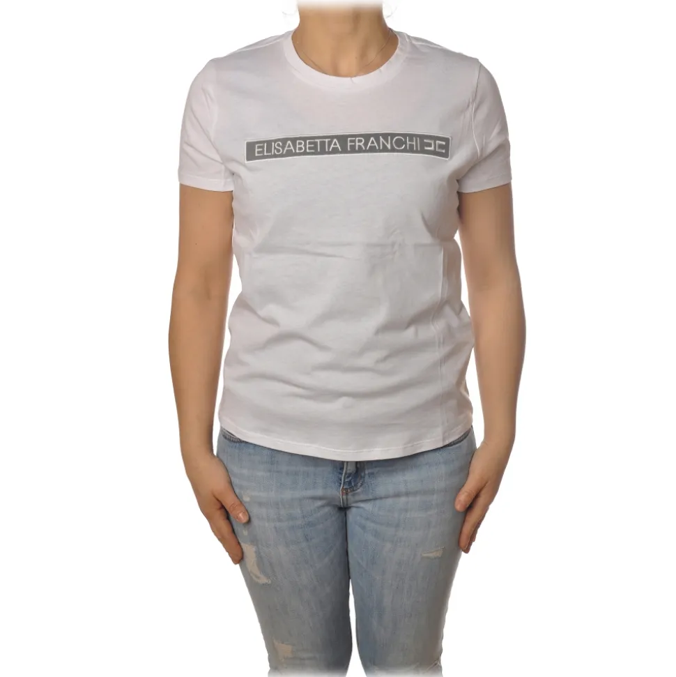 Elisabetta Franchi - Short Sleeve Round Neck T-Shirt Logo - Plaster - T-Shirt - Made in Italy - Luxury Exclusive Collection - Avvenice