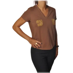 Elisabetta Franchi - Short Sleeve Round Neck T-Shirt Logo - Chocolate - T-Shirt - Made in Italy - Luxury Exclusive Collection - Avvenice