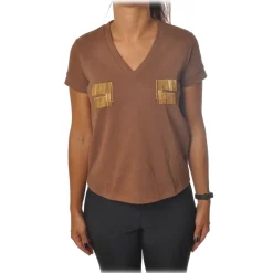 Elisabetta Franchi - Short Sleeve Round Neck T-Shirt Logo - Chocolate - T-Shirt - Made in Italy - Luxury Exclusive Collection - Avvenice