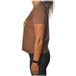 Elisabetta Franchi - Short Sleeve Round Neck T-Shirt Logo - Chocolate - T-Shirt - Made in Italy - Luxury Exclusive Collection - Avvenice
