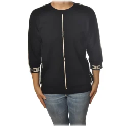 Elisabetta Franchi - Sweater with 3/4 Sleeves and Logoed Cuffs - Black - Pullover - Made in Italy - Luxury Exclusive Collection - Avvenice