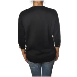 Elisabetta Franchi - Sweater with 3/4 Sleeves and Logoed Cuffs - Black - Pullover - Made in Italy - Luxury Exclusive Collection - Avvenice