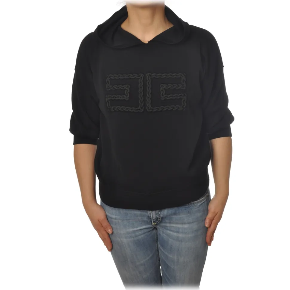 Elisabetta Franchi - Sweatshirt with Embroidered Logo - Black - Sweatshirt - Made in Italy - Luxury Exclusive Collection - Avvenice