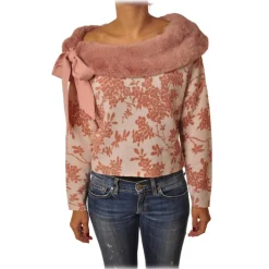 Elisabetta Franchi - Sweater in Pattern with Eco-fur - White/Pink - Pullover - Made in Italy - Luxury Exclusive Collection - Avvenice