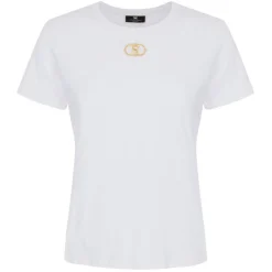 Elisabetta Franchi - T-Shirt with Metal Logo Application - White - T-Shirt - Made in Italy - Luxury Exclusive Collection - Avvenice