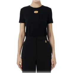 Elisabetta Franchi - T-Shirt with Metal Logo Application - Black - T-Shirt - Made in Italy - Luxury Exclusive Collection - Avvenice