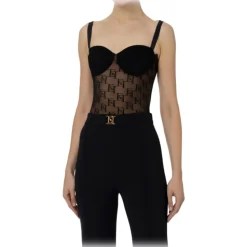 Elisabetta Franchi - Tulle Bodice Top with Logos - Black - Top - Made in Italy - Luxury Exclusive Collection - Avvenice