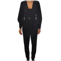 Elisabetta Franchi - V-neckline Jumpsuit with Belt - Black - Dress - Made in Italy - Luxury Exclusive Collection - Avvenice