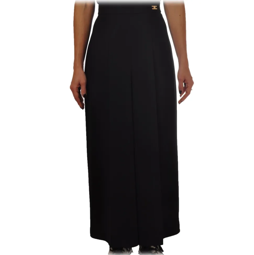 Elisabetta Franchi - Wide Leg Trousers with Logo - Black - Trousers - Made in Italy - Luxury Exclusive Collection - Avvenice