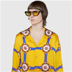 Gucci - Cat Eye Acetate Sunglasses with Metal Bridge - Black Yellow  - Gucci Eyewear - Avvenice