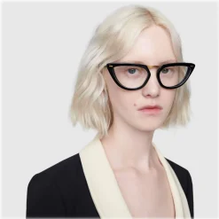 Gucci - Cat Eye Acetate Sunglasses with Metal Bridge - Black  - Gucci Eyewear - Avvenice