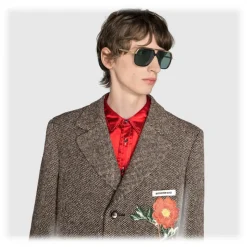 Gucci - Rectangular Metal Sunglasses - Black Metal Green Lenses - Gucci Eyewear - Avvenice