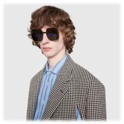 Gucci - Rectangular Metal Sunglasses - Shiny Gold Color with Black Detail on the Bridge - Gucci Eyewear - Avvenice