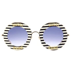 Gucci - Round Frame Acetate Sunglasses - Black White Gold - Gucci Band - Gucci Eyewear - Avvenice