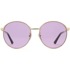 Gucci - Round Frame Metal Sunglasses - Gold with Green and Red Web Detail - Gucci Eyewear - Avvenice