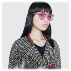 Gucci - Round Frame Metal Sunglasses - Gold  with Green and Red Web Detail - Gucci Eyewear - Avvenice