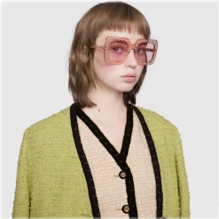 Gucci - Square Acetate Sunglasses with Crystals - Light Pink - Gucci Eyewear - Avvenice