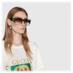 Gucci - Square Acetate Sunglasses - Transparent Acetate with Green and Red Web Detail - Gucci Eyewear - Avvenice